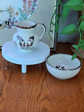 Vintage White Ceramic Creamer and Sugar Bowl with Silver Leaf Trim England